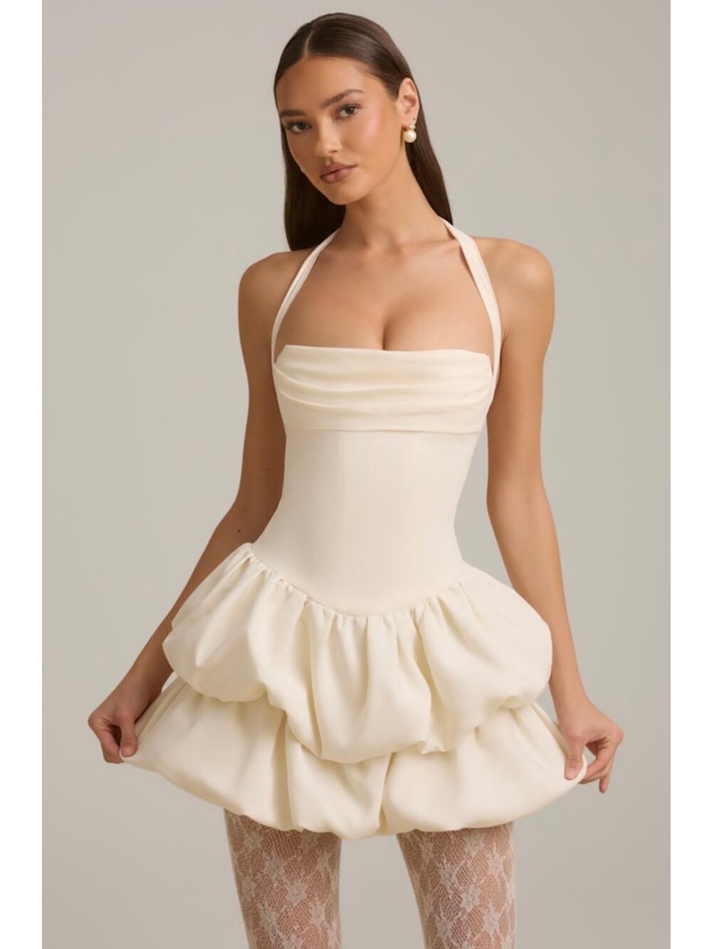 Oh Polly Andri Halterneck Layered Bubble Hem Corset Mini Dress in Ivory Size 12